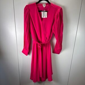 Anne Klein Dress Amaranth Pink Long Sleeve‎ Wrap Tie Midi Party Cocktail Size L